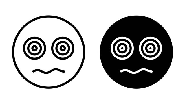Dizzy Face Icons: Two circular icons depicting a dizzy face with concentric circles for eyes and a wavy mouth, one in black and white outline and the other in solid black.