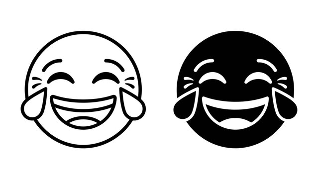 Laughing Face Emoticons: Two simple, stylized circular faces express extreme amusement, with eyes squeezed shut and tears streaming down from laughter, rendered in both outline and solid black.