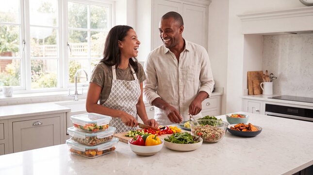 Happy Black couple preparing healthy meal prep containers in a bright, modern kitchen. African American man and woman cooking fresh vegetables and ingredients for nutritious weekly meals.