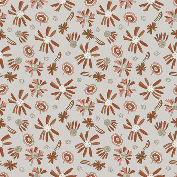 Warm, floral pattern with flowers and leaves in a single line. Vector illustration.