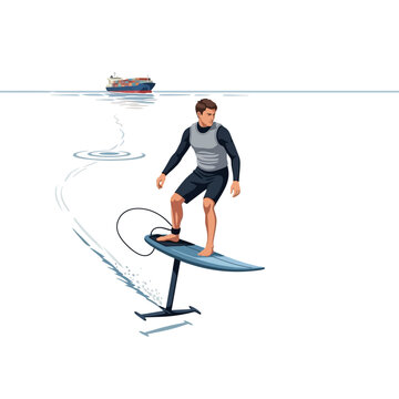 Foil Surfer Gliding on Ship Wake
