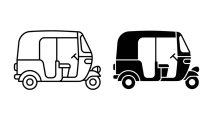 Auto Rickshaw Icon: A simple and clear icon set featuring two auto rickshaws, one in outline and the other in solid black, perfect for transportation and travel themes. © Hussain