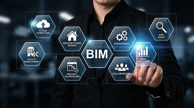 Businessman pointing at BIM building information modeling screen graphics
