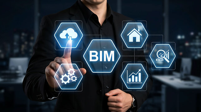 Businessman pointing at BIM building information modeling digital screen