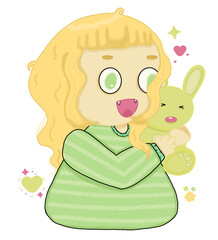 Cute Anime Chibi Girl Hugging Green Bunny Plush Toy Vector Illustration