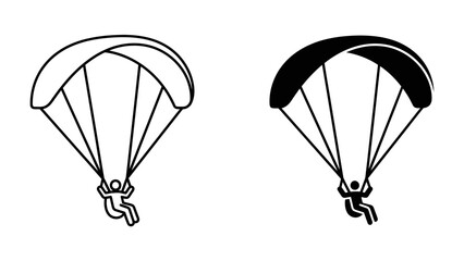 Paragliding Icons: A set of minimalist icons representing paragliding, one in outline and the other in solid black, depicting a person soaring through the air with a parachute. © Mst