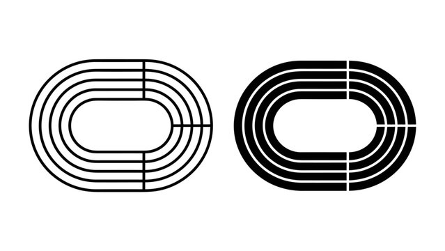 Running Track Graphics: A clean vector graphic set depicting an oval running track with lanes, presented in both black and white line art and a solid black silhouette.