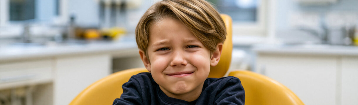 Scared Youngster at the Dentist: A young boy with wide, anxious eyes and a nervous expression sits in a dental chair, clearly apprehensive about his upcoming appointment.