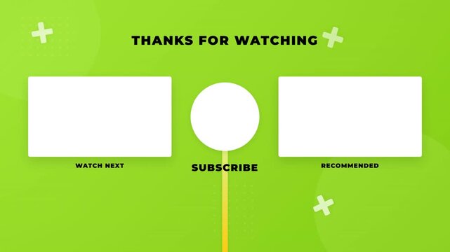 Vibrant green animated end screen template for social media video content featuring subscribe and watch next prompts.