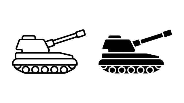 Tank Icons: A set of stylized icons depicting a military tank in both outlined and solid black versions, representing armored warfare and combat vehicles.