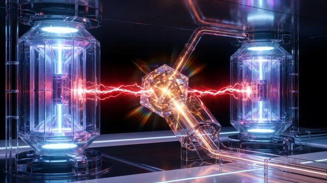 中央ノードの干渉により青いエネルギービームが赤く分断される量子力学実験のサイエンスCG
