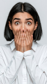 Shocked Expression: A young woman with wide, surprised eyes covers her mouth with both hands, her face a mask of utter astonishment and disbelief.