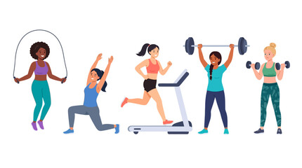 Fototapeta premium Young women doing sports set. Athletic women jumping with skipping rope, running in treadmill, lifting barbell flat vector illustration