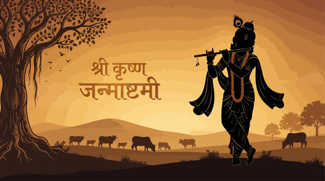 Shree Krishna Janmashtami vector with Hand Lettering Text &rdquo;Happy Krishna Janmashtami&rdquo; In Hindi with a traditional background for social media editable banner design template