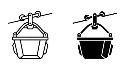 Cable Car Icons: Two cable car gondolas, one in outline and one in solid black, suspended from a wire, representing aerial transport. © Md