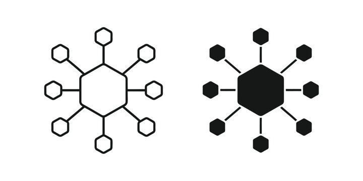 Centralized hexagonal network node diagram set in black and white linear and solid connection structure