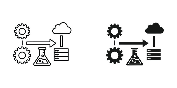Data science and cloud computing workflow featuring gears, erlenmeyer flask, server rack, and cloud storage symbols