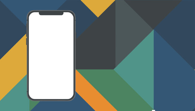 Mobile phone template mockup with a blank screen isolated on a modern, colorful geometric block pattern background.