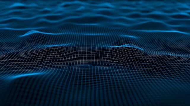 Cyan grid mesh forming receding undulating waves across wide low angle surface with glowing highlights and strong depth perspective in futuristic abstract digital landscape