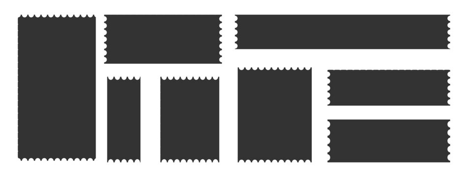 Blank postage stamp templates and perforated coupon ticket borders vector set. 
