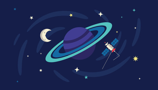 Cute cartoon style space illustration featuring a blue ringed planet, a satellite, crescent moon, and stars in deep space.