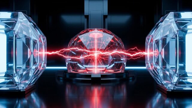 中央ノードの干渉により青いエネルギービームが赤く分断される量子力学実験のサイエンスCG