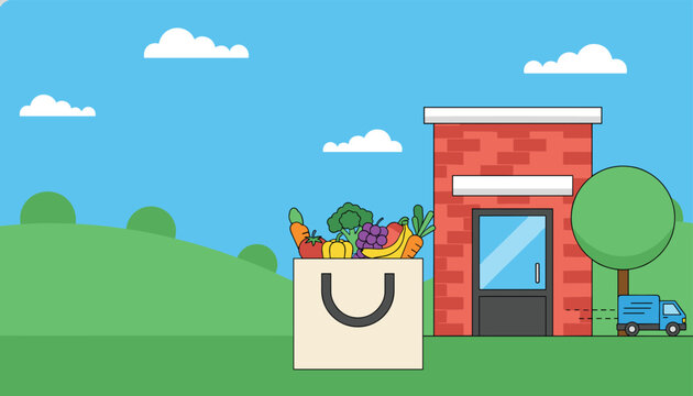 Grocery delivery concept illustration with a shopping bag full of fresh vegetables in front of a store and delivery truck.