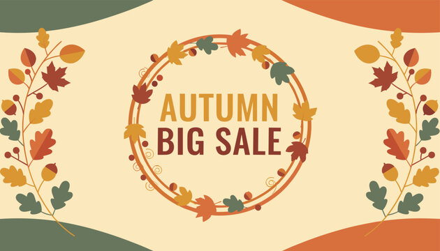 Autumn big sale banner design featuring a circular foliage wreath and side branches with colorful fall leaves on beige.