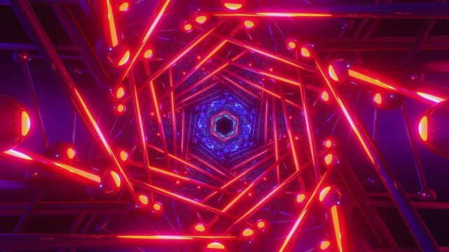 seamless loop of a futuristic geometric tunnel. Abstract digital vortex made of twisting molecular lattice structures, glowing rods and spheres, creating deep physics science background