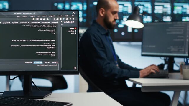 Computer scientist programs in a high tech server facility while overseeing supercomputers built for demanding data operations and computing workloads.