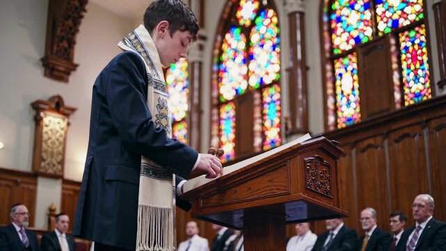 Young White Male Reading At Bimah Ornate Synagogue With Colorful Stained Glass Wearing Tallit And Suit While Congregation Watches Solemn Celebratory Atmosphere Wooden Pulpit Closeup
