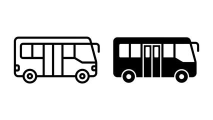 Bus Icon Set: A graphic representation of a bus in two styles, outline and solid silhouette, perfect for transport and travel themes. © Nadim