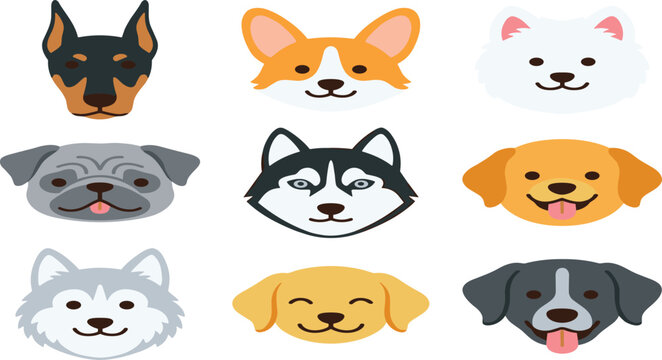Cute dog breed face avatar icon set featuring corgi husky pug doberman golden retriever samoyed and shiba inu characters.