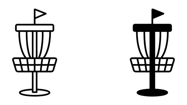 Disc Golf Basket Icons: Two stylized icons of a disc golf basket, one outlined in white and the other in solid black, representing the sport's equipment.