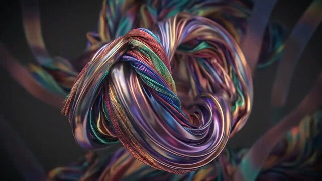 Abstract metallic ribbons form a complex and flowing knotted shape