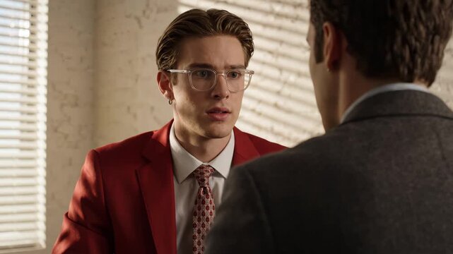 Young businessman in red suit discussing seriously with colleague in office