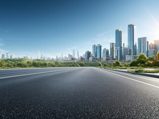 Naklejka premium Modern city skyline with a clear road leading towards skyscrapers and lush greenery under a bright blue sky
