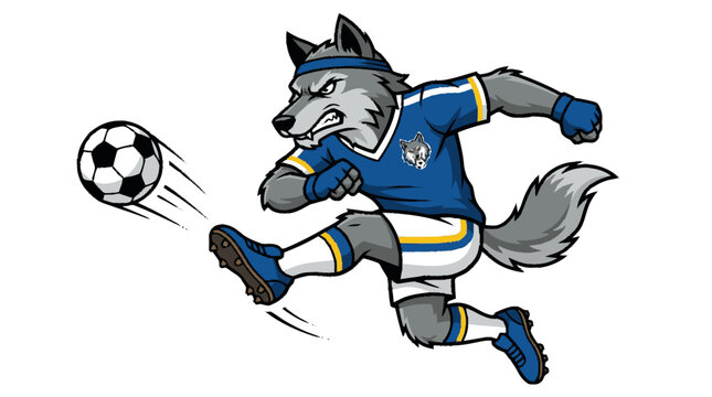 Cropped minimalist cartoon illustration of a gray wolf mascot in a blu
