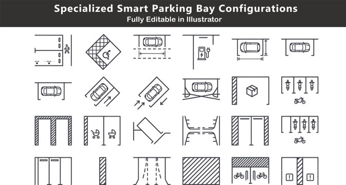 Specialized smart parking bay configurations outline badges containing vehicle stalls parallel angled straight handicap symbols boundary markings blueprint vectors