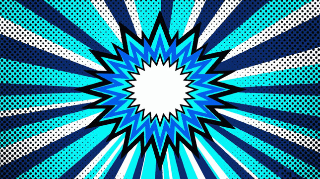 Dynamic blue and white pop art background with radiating stripes halft