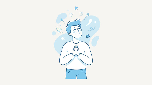 Happy grateful man praying with hands together in blue illustration