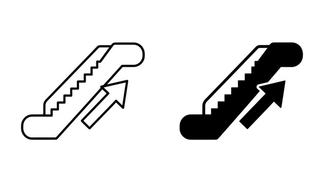 Escalator Icons: A pair of clear vector icons representing an escalator moving upwards, one in black and white outline and the other in solid black.