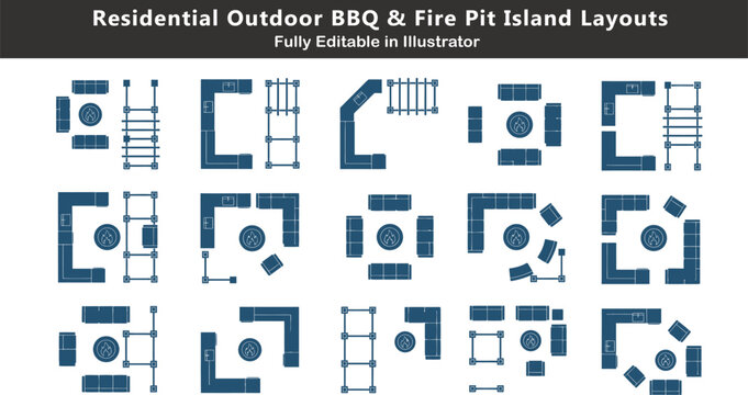 Residential outdoor bbq fire pit island layouts portfolio representing backyard hub designs counter outlines seating blocks pergola pillar grids