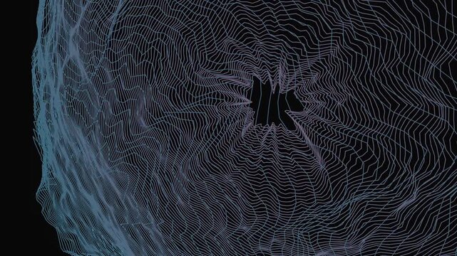 seamlessly looping three dimensional wireframe tunnel rotating with glowing geometric rings against a dark ambient background.