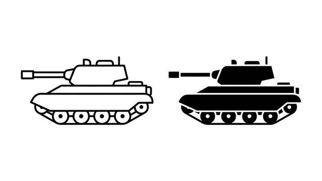 Tank Icon Duo: A pair of stylized tank icons, one in black and white outline and the other in solid black, representing armored military vehicles.
