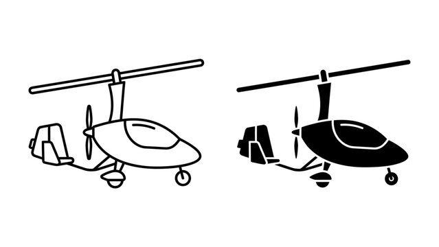 Autogyro Aircraft Icons: A set of clean line art and solid silhouette icons representing an autogyro, also known as a gyrocopter or gyroplane, a type of rotorcraft.