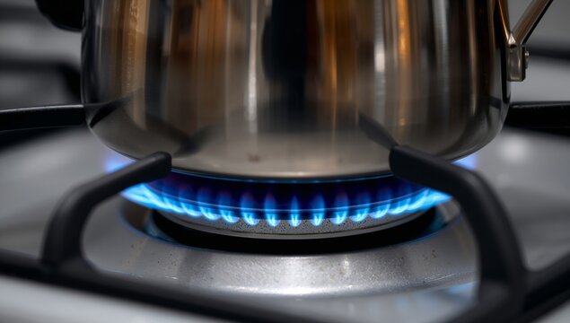 Stainless steel kettle placed on gas stove burner with blue flame, showcasing the heating process in a modern kitchen setting