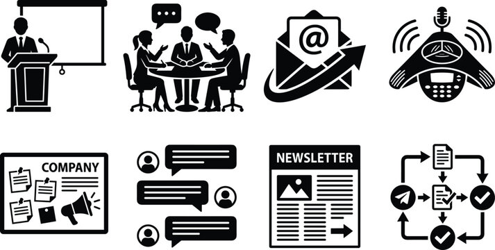 Corporate business communication and internal PR marketing icon set for workplace messaging concepts
