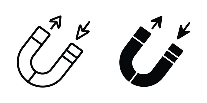 Horseshoe magnet with incoming and outgoing arrow set in black and white minimalist attraction repulsion