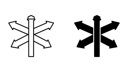 Directional Signpost with Multiple Arrows: A conceptual graphic showing a directional signpost with six arrows pointing in different directions, symbolizing choice and decision-making. © Asma